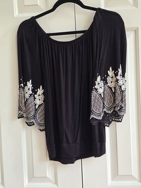 Black Peasant Tunic with White Embroidered Sleeves